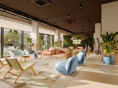 Modern lobby with stylish seating areas.