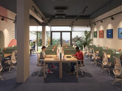 Modern study space with students working.